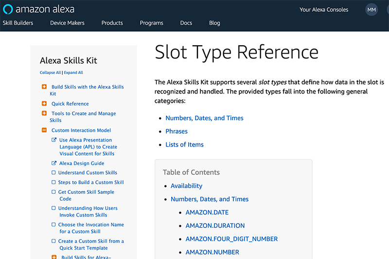 Alexa Slot Type Reference Documentation
