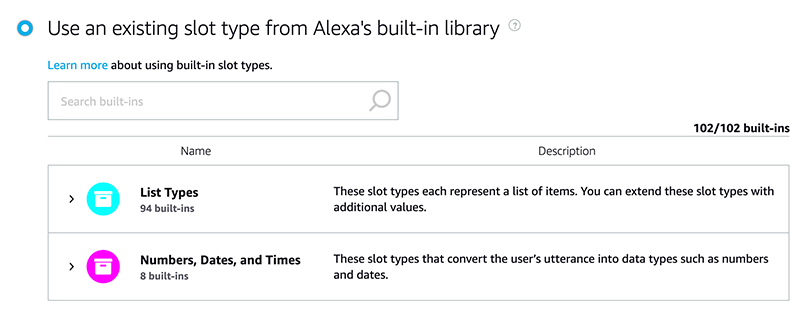 Alexa Developer Console List Slot Type Configuration. English (US).