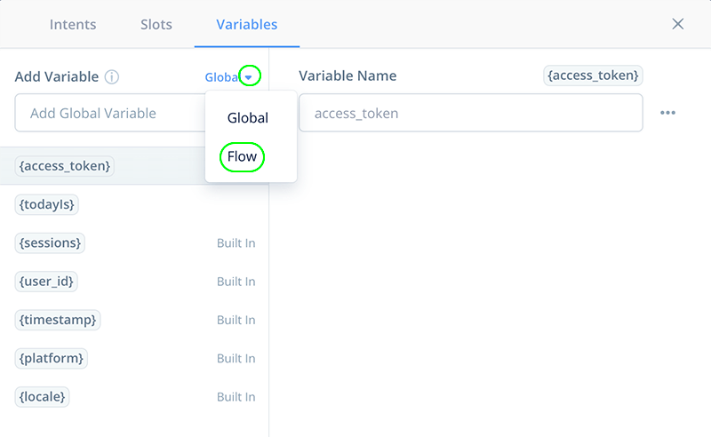 Subflow Variables Panel Global and Flow Options