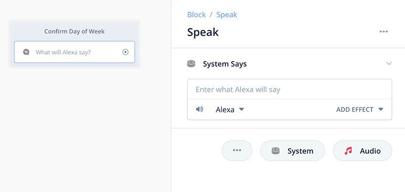 Add Speak block Confirm Day of Week